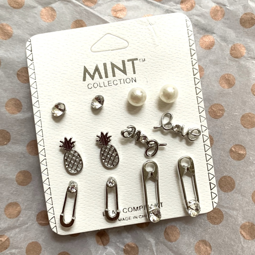 🆕 Set 6 silver pineapple love safety pin stud earrings